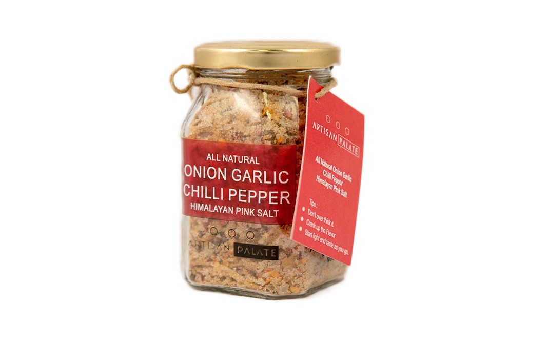 Artisan Palate All Natural Onion Garlic Chilli Pepper Himalayan Pink Salt   Bottle  150 grams